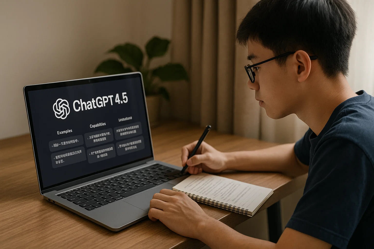 学生在电脑前学习，旁边打开笔记本记录要点