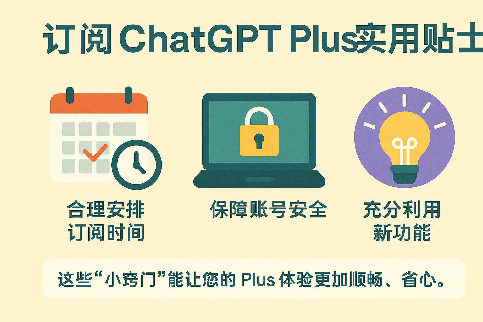 在订阅 ChatGPT Plus 前不妨多了解一些实用贴士，如合理安排订阅时间、保障账号安全、充分利用新功能等。这些“小窍门”能让您的 Plus 体验更加顺畅、省心。