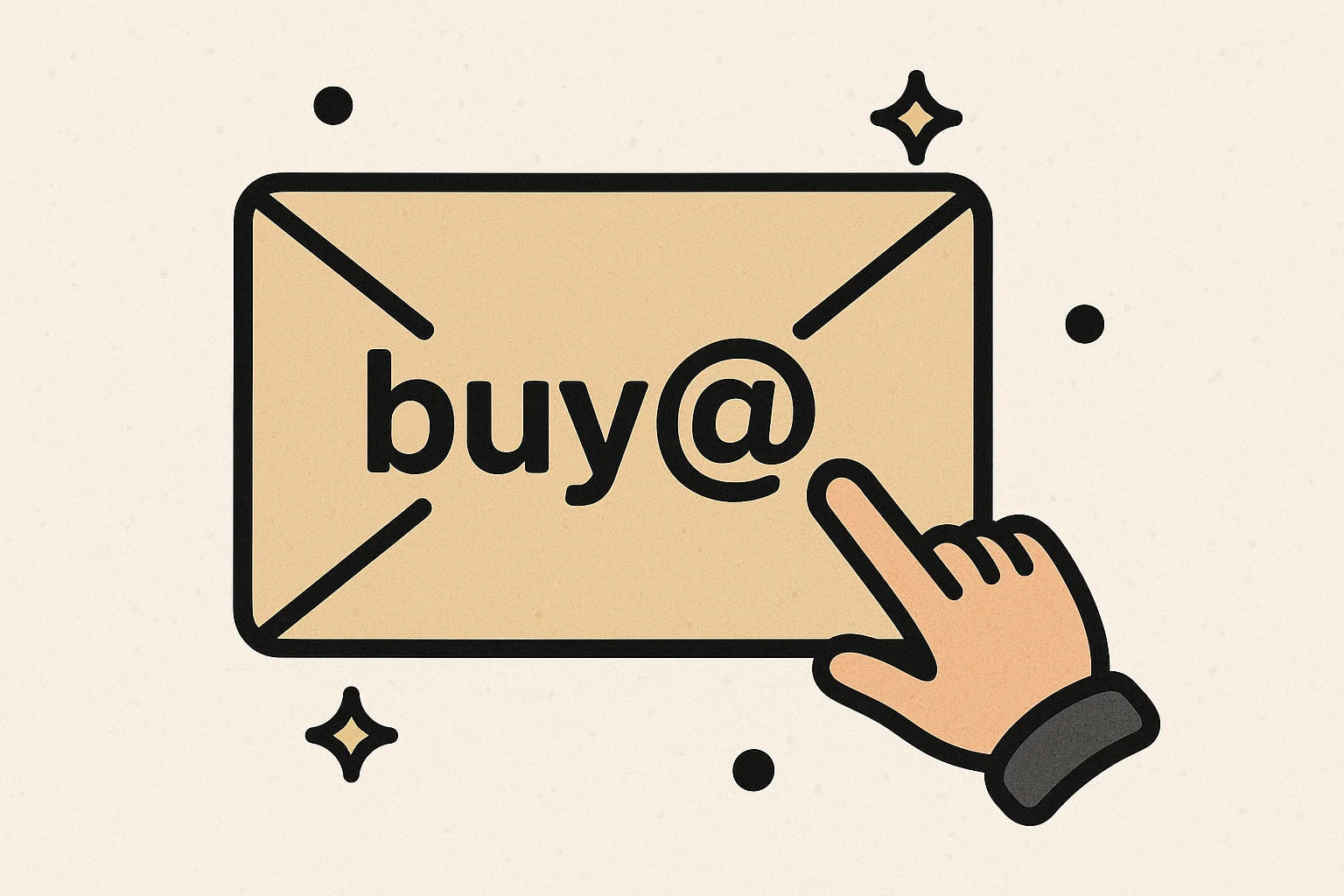 信封上写有“buy@”的卡通插图，表现“购买邮箱账号”的概念。作用：提醒读者购买谷歌账号需通过正规平台进行，如同网购邮件一样，选对收件渠道才能确保拿到真实可靠的账号。超酷AI小店等一站式服务平台在这方面为用户提供了便捷、安全的选择。