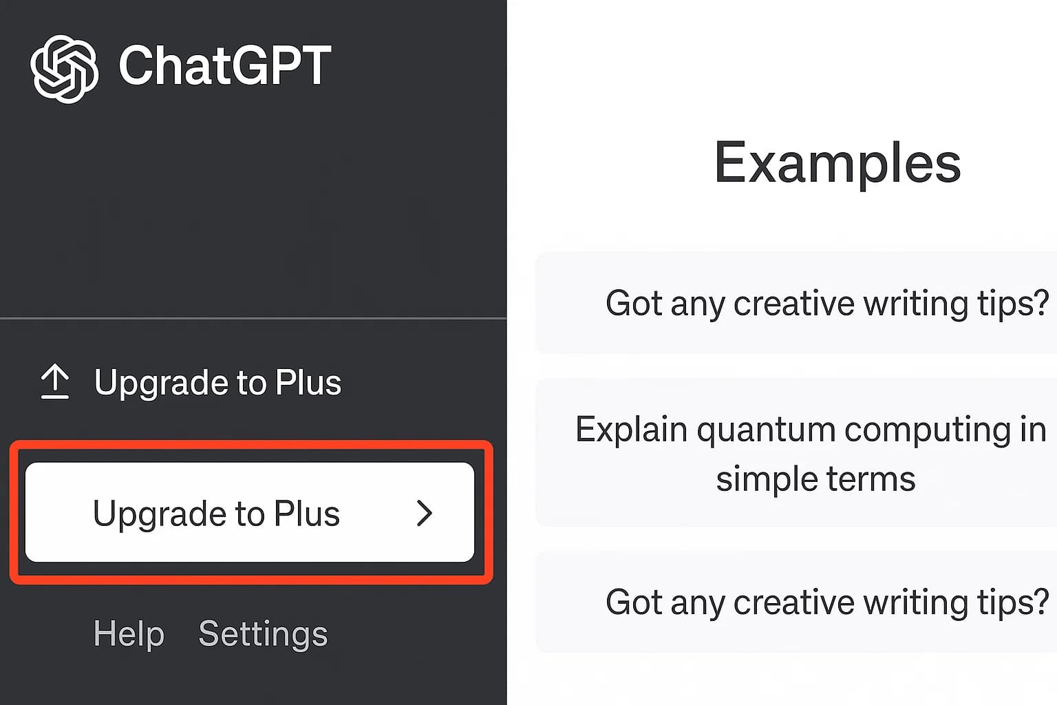 ChatGPT网页界面左下角的“Upgrade to Plus”按钮（红框处），点击即可开始Plus订阅流程。大陆用户如未见此按钮，通常是IP问题，可尝试切换VPN节点后刷新页面。