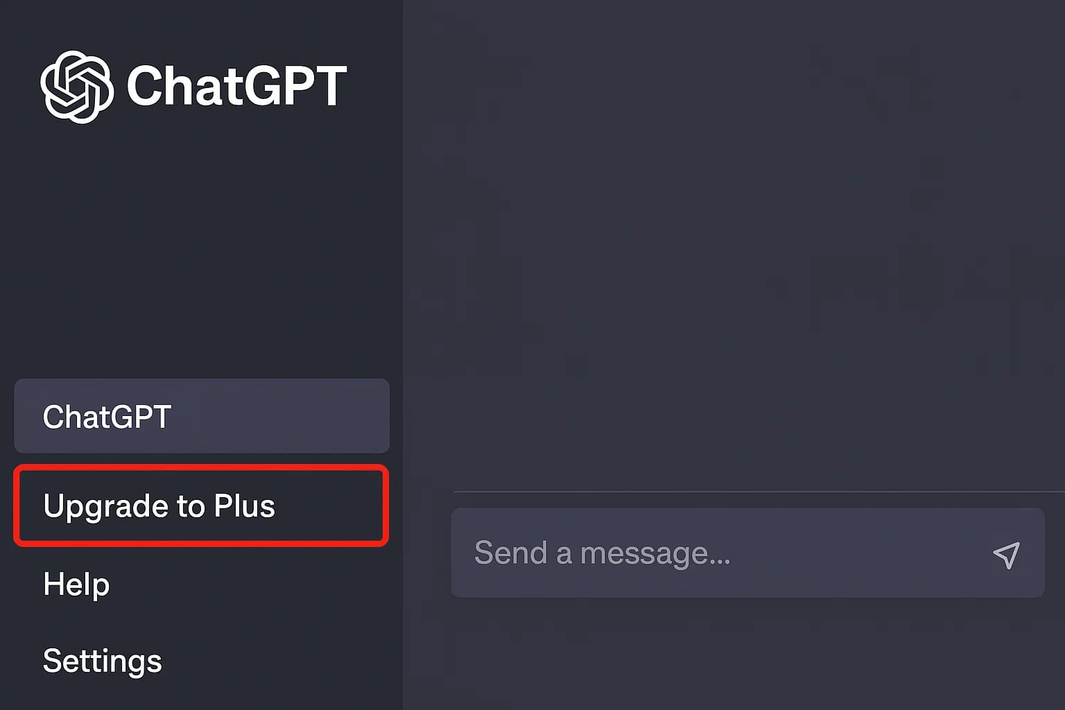：登录ChatGPT网页后，在界面左下角可以看到“Upgrade to Plus”（升级到 Plus）的选项按钮（红色方框标出）。点击该按钮，将开始ChatGPT Plus会员的订阅或续费流程。