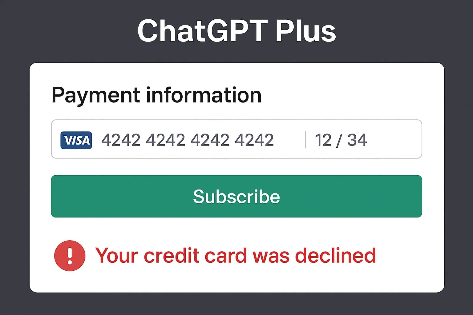 ChatGPT Plus支付界面提示“Your credit card was declined”（您的银行卡被拒绝）。国内Visa信用卡往往会遇到此类报错，导致无法完成订阅。